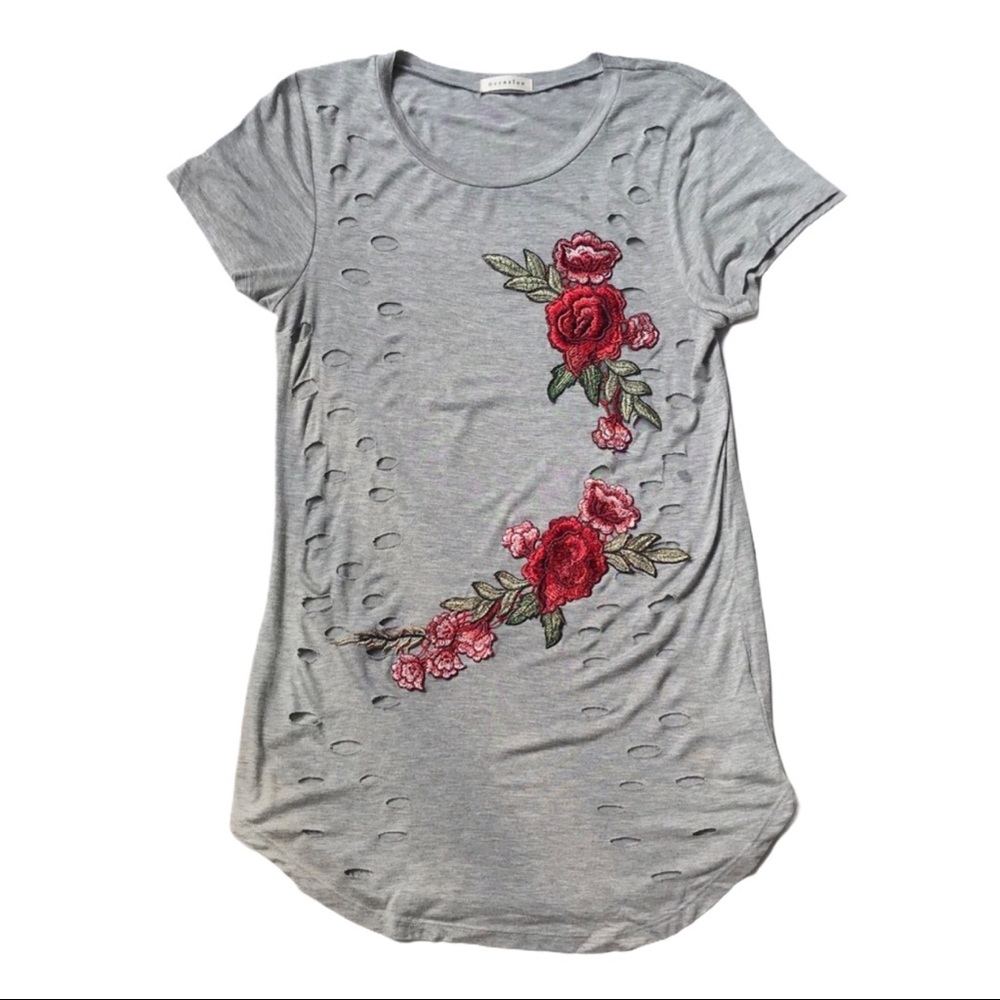 Distressed Embroidered Gray Tee